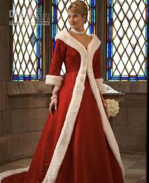 New Long Sleeves Cloak Winter Ball Gown Wedding Dresses Red Warm Formal Dresses For Women Fur Appliques Christmas Gown Jacket 20116060914