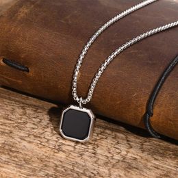 Pendant Necklaces Men Stylish Black Square Stone Waterproof Stainless Steel Geometric Neck Collar Gifts Jewelry 24" Box Chain