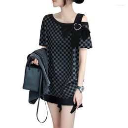 Party Dresses Black Plaid Shoulder Short-sleeved T-shirt Dress Women's Design Sense Loose Fashion Top Europe 2023 Summer