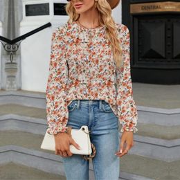 Women's T Shirts Stylish Womens Long Sleeve Round Neck Floral Print Blouses Ruffle Cuffs Drop