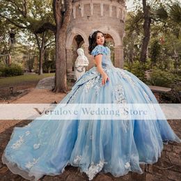 Blue Quinceanera Dresses 2023 Princess 3D Florals Para Xv Princess Birthday Party Dress Ball Gown Party Wear