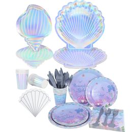 Other Event Party Supplies Mermaid Disposable Tableware Colourful Shell Plate Cup Under The Sea Baby Shower Little Birthday Decora 230822