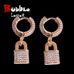 Charm Bubble Letter Lock Stud Earring for Men Iced Out Bling Real Gold Plated Hip Hop Jewellery 230822