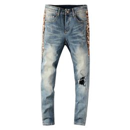 Men Streetwear Skinny Jeans Men's Side Leopard Print Patchwork Holes Ripped Jeans Slim Skinny Stretch Denim Pants250L