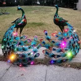 Garden Decorations Solar Lights Peacock Statues Decoration Outdoor Lamp Hollow Figurine Path Lawn Metal Sculpture Decor With