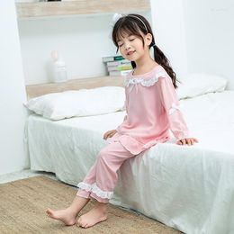 Women's Sleepwear Children's Pajamas Thin Home Clothes Set Spring And Autumn Girls' Solid Color Long Sleeved Pants Lace Middle School Kids