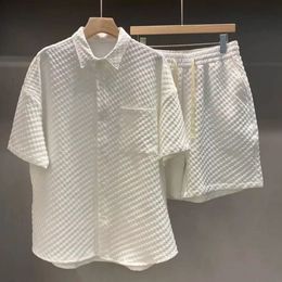 Men's Tracksuits Men Suit Set Casual Oversize Plaid Lapel Short Shirts Solid TwoPiece Summer Sleeve Loose Fashion Streetwear 230823