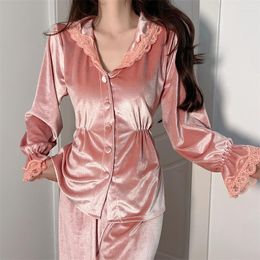Women's Sleepwear Lapel Sleeepwear With Buttons Sexy Button-down Pajamas Pour Femme Nightgown Velour 2PCS Shirt&Pants Suit Casual Home