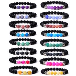 8mm Black Matted Natural Lava Stone Colorful Weathered Agate Elasticity Bracelet For Women Men Jewelry