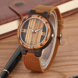 Wristwatches Natural Retro Wooden Men's Quartz Watch Brown/Black Genuine Leather Watchband Unique Arabic Numerals Dial Casual Male Watches