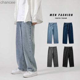 Korean Fashion Men's Baggy Jeans Classic All-match Solid Color Straight-leg Denim Wide-leg Pants Male Light Blue Grey BlackLF20230824.