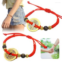 Link Bracelets 5pcs Chinese Copper Coin Red String Bracelet Woman Men Lucky Amulet Weave Bead Rope Friendship Couple Wristband Jewellery