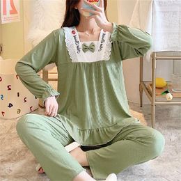Women's Sleepwear Spring Homewear Long Sleeved Green Pajama Set Women Lovely Sweet Nightwear Clothes Fashion Top And Pants