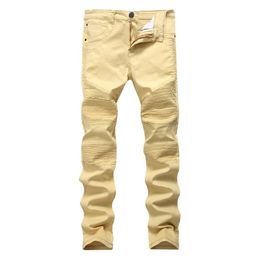 Khaki Biker Jeans Pleated Design Mens Skinny slim Stretch Denim pants New Arrival Hip-Hop Street Ripped Jeans289U