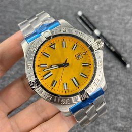 N Quality Right Hand Silver Watches Stainless Case Yellow Dial SUPEROCEAN HERITAGE Automatic Mechanical Movement Watch Leather Str344n