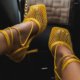 Dress Shoes 2023 Sexy Yellow Mesh Pumps Sandals Female Square Toe High Heel Lace Up Cross-tied Stiletto Hollow Summer Sandal