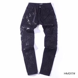 FALECTION MENS 21SS AMIMIKE JEANS DISTRESSED black LEATHER STARS PATCH RIPPED DENIM pants265h