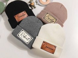 Caps Hats born Leather Patch for Baby Personalised Infant Beanie with Name Kid Knitted Hat Shower Gift 230823