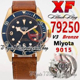 XF 79250 Bronze 9015 Automatic Mens Watch 43mm Blue Dial Bronze PVD steel Case Luminous Markers Antique Leather Strap 2023 V3 Super Version eternity Watches