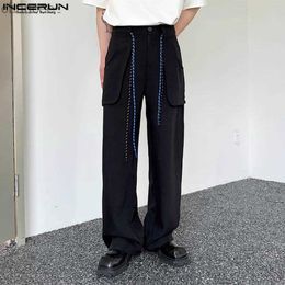 INCERUN 2023 Korean Style Men Trousers Overalls Wide Leg Pants Casual Comfortable Male Solid Drawstring Straight Leg Pants S-5XLLF20230824.