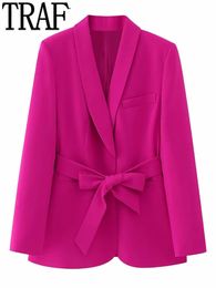 Women's Jackets TRAF Fuschia Blazer Woman Set 2 Pieces Belt Long Sleeve Fashion Women's Spring Jackets Office Chic And Elegant Woman Jacket 230823