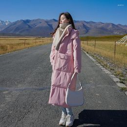 Women's Down Pink Hooded Jacket Winter Straight Loose Long Fashion Warm White Duck