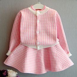 Clothing Sets Girls Children'S Autumn Winter Plaid Korean Student Suit Knit Cardigan Sweater Short Skirt 2pcs Kids Outfits 230823