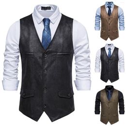 Men's Vests Single Breasted Coat Vest Vintage PU Leather Waistcoat Sleeveless Party Groomsmen Suits Jackets Outwear Tops Chaquetas Hombre