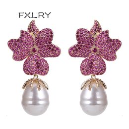 Stud FXLRY Fashion Rose red Big Flower Full stone Setting Irregular Pearl Drop Earrings Women Wedding bride Party Jewelry Gift 230823
