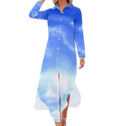 Casual Dresses White Cloud Chiffon Dress Sexy V Neck Dramatic Blue Sky Elegant Ladies Street Style Gift