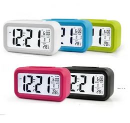 Plastic Mute Alarm Clock LCD Smart Temperature Cute Photosensitive Bedside Digital Alarms Clocks Snooze Nightlight Calendar C308