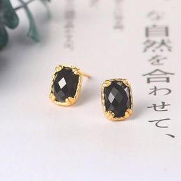 Stud Earrings LAMOON 925 Sterling Silver Earring For Women Natural Black Agale Flat Lattice Surface 14K Gold Plated Fine Jewelry LMEI119