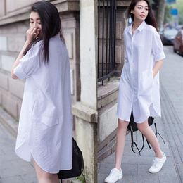 New women's korean fashion loose palazzo white Colour turn down collar short sleeve BF style blouse shirt dress SMLXLXXL243t