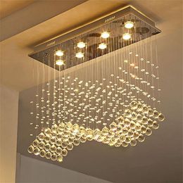 Contemporary Crystal Rectangle Chandelier Lighting Rain Drop Crystals Ceiling Light Fixture Wave Design Flush Mount For Dining Roo240L