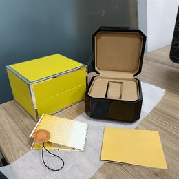 Watch Boxes High luxurious designer Cases Quality Black Box Plastic Ceramic Leather Manual Certificate Yellow Wood Outer Packaging3061