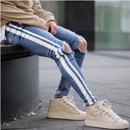 Mens Blue Ripped Holes Jeans Side Striped Skinny Straight Slim Elastic Denim Fit Jeans Male Fashion Long Trousers Jeans274M