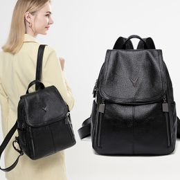 School Bags Black Backpack Women Soft Genuine Leather Vintage Travel Bag Ladies Antitheft Backpacks Large Capacity Foldable Backbag Fashion 230823