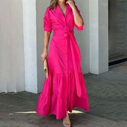 Basic Casual Dresses LIYONG Women Maxi Dress Fashion Elegant Long Sleeve Lapel Lace Up Nipped Waist Pleated Solid Colour Dresses High Streetwear 230823