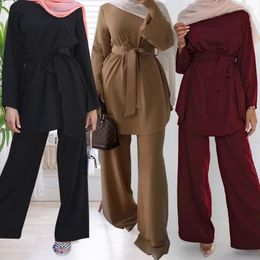 Women's Two Piece Pants Muslim Suit Fashion Large Simple Wide Leg Lace Up Arab Islam Turkey Tops 2 Pieces Set