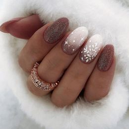 False Nails Gradient Snowflake Glitter Nail Art For Christmas Beauty Designs 24pc Press On Almond Tips Brown Fake