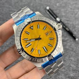 N Quality Right Hand Silver Watches Stainless Case Yellow Dial SUPEROCEAN HERITAGE Automatic Mechanical Movement Watch Leather Str196p