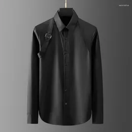 Men's Casual Shirts 2023 Cotton Male Luxury Metal Buckle Long Sleeve Mens Dress Fashion Slim Fit Party Solid Color Man