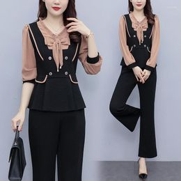 Women's Two Piece Pants Fashion Elegant Oversize Women Set 2 Pieces Outfits 2023 Spring Patchwork V-neck Bow All Match Female Pantsuits