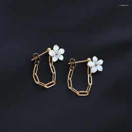 Stud Earrings White Natural Shell Flower Back Hanging Chain For Women Stainless Steel 18K Gold Plated Jewellery