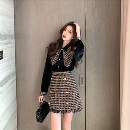 New fashion women's autumn turn down collar velvet patched tweed fabric blouse and skirt twinset 2 pc dress suit SMLXL