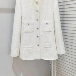 Women's Jackets Tweed Runway 23Fashion Jacket White Simple Single Breasted Round Neck Linning Silk Solid Coat Elegant Women High End Clothes