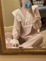 Women's Sleepwear Women Pink Cotton Princess Pyjama Sets Autumn Winter Long Sleeve Lace Ruffle Tops Pants Home Clothes Out Wear S321