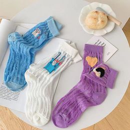 Japanese Harajuku Ab Socks Spring and Summer New Thin Cute Cartoon Character Embroidery Silk Sock Asymmetric Transparent Socks