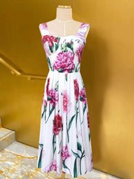 Italian Designer, 2023 New Carnation Pink Flower Cotton Sling Dress