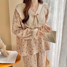 Women's Sleepwear Lace Women Pyjamas Set For Home Floral Ruffle Long Sleeve Pants Suit 2 Pieces Autumn Korean V-neck Vintage Night Wears